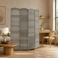 Paravent 4 Panneaux Tressé Gris Cadre Bois de Pin 180 x 180 cm