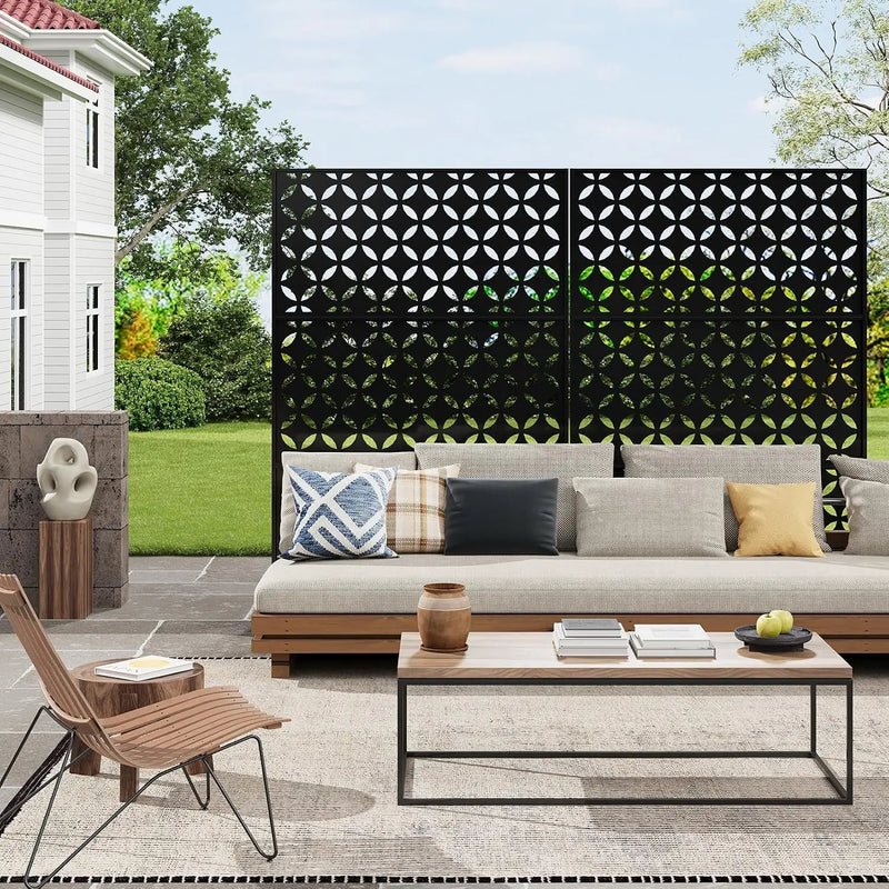 Paravent extérieur métal noir motif pétales, pour une terrasse