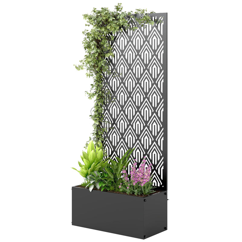 Jardinière métal noir avec treillis ajouré, pour un jardin