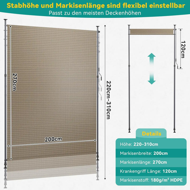 Paravent Rétractable Vertical HDPE Sans Perçage Gris ou Café 120 à 200 cm