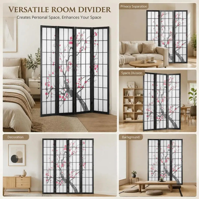 Paravent japonais fleurs de cerisier 4 panneaux cadre noir, dimensions 162 x 170 cm