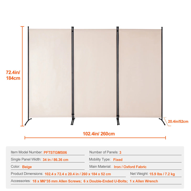 Paravent 3, 4 ou 6 panneaux Oxford noir gris beige, coloris beige, 3 panneaux, 260 x 184 cm