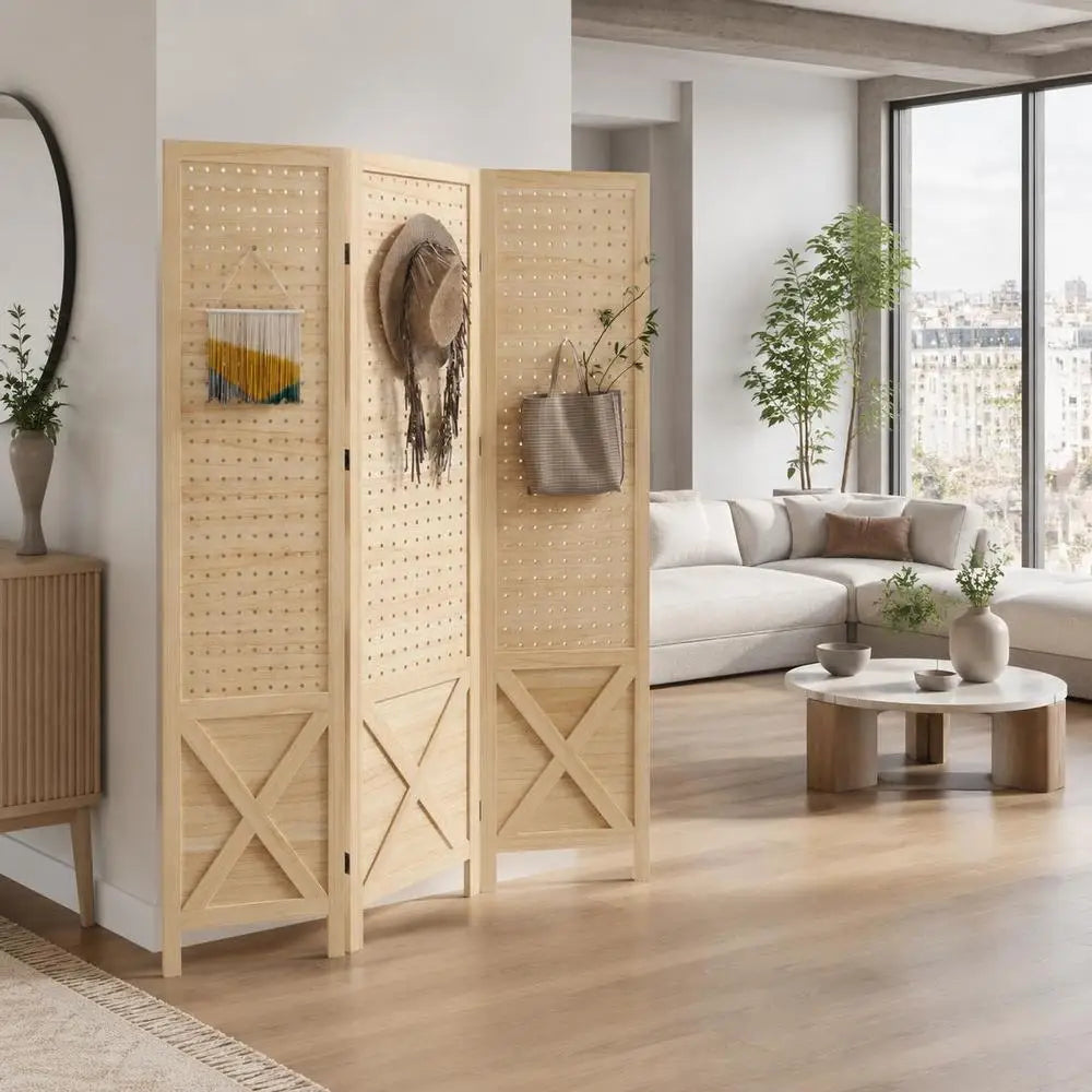 Paravent 3 Panneaux Perforés Bois Naturel 114 x 144,5 cm