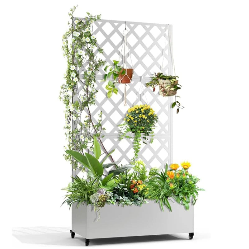 Paravent Extérieur Métal Jardinière Treillis Roulettes Noir Blanc 180 x 120 cm