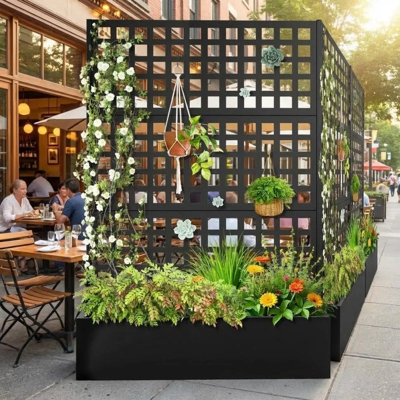 Paravent extérieur jardinière treillis carreaux métal noir