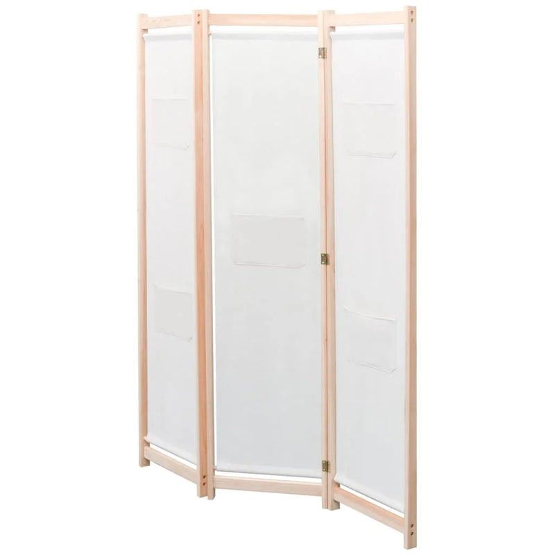 Paravent 3 Panneaux Bois et Tissu Crème 120 x 170 cm