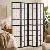 Paravent Japonais 4 Panneaux Quadrillé Pin Noir 160 x 170 cm