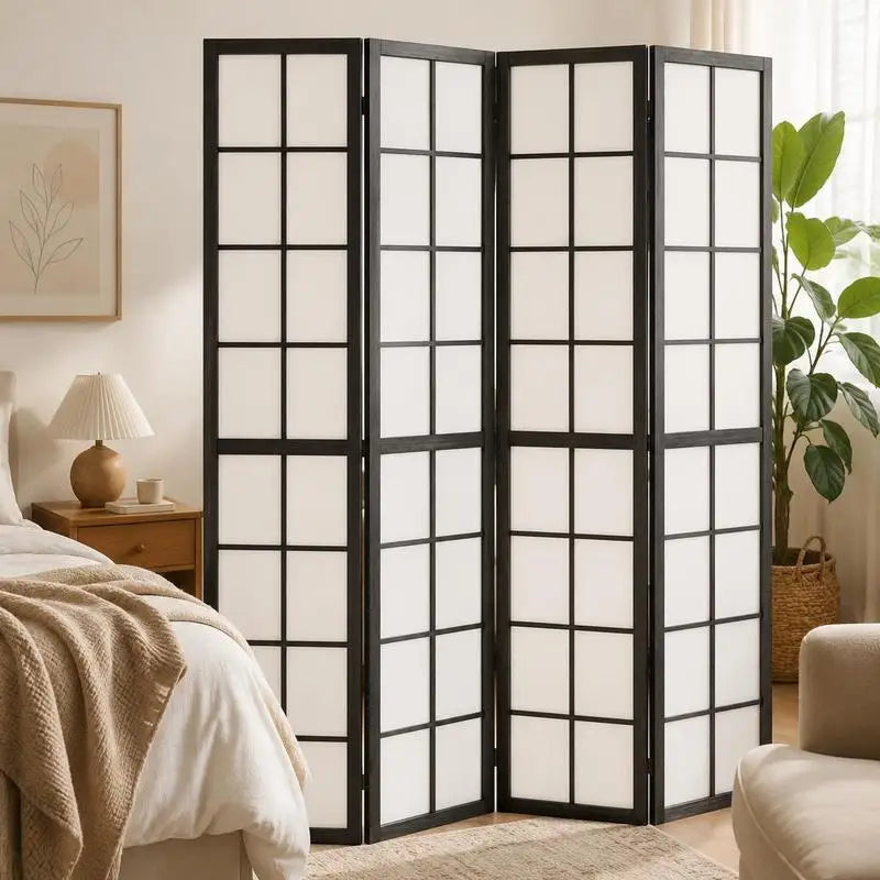 Paravent Japonais 4 Panneaux Quadrillé Pin Noir 160 x 170 cm