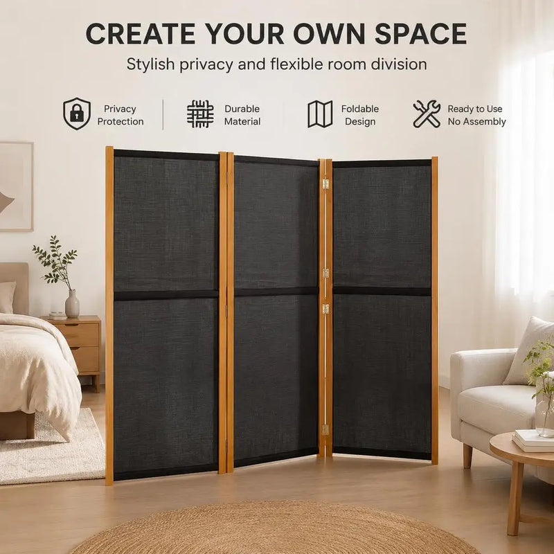 Paravent 3 panneaux textilène noir cadre bois, pour un salon