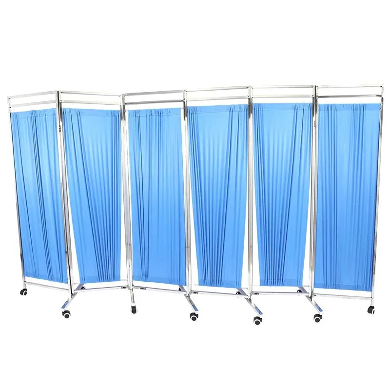 Paravent Médical 4 Panneaux Métal Rideaux PVC Bleus sur Roulettes