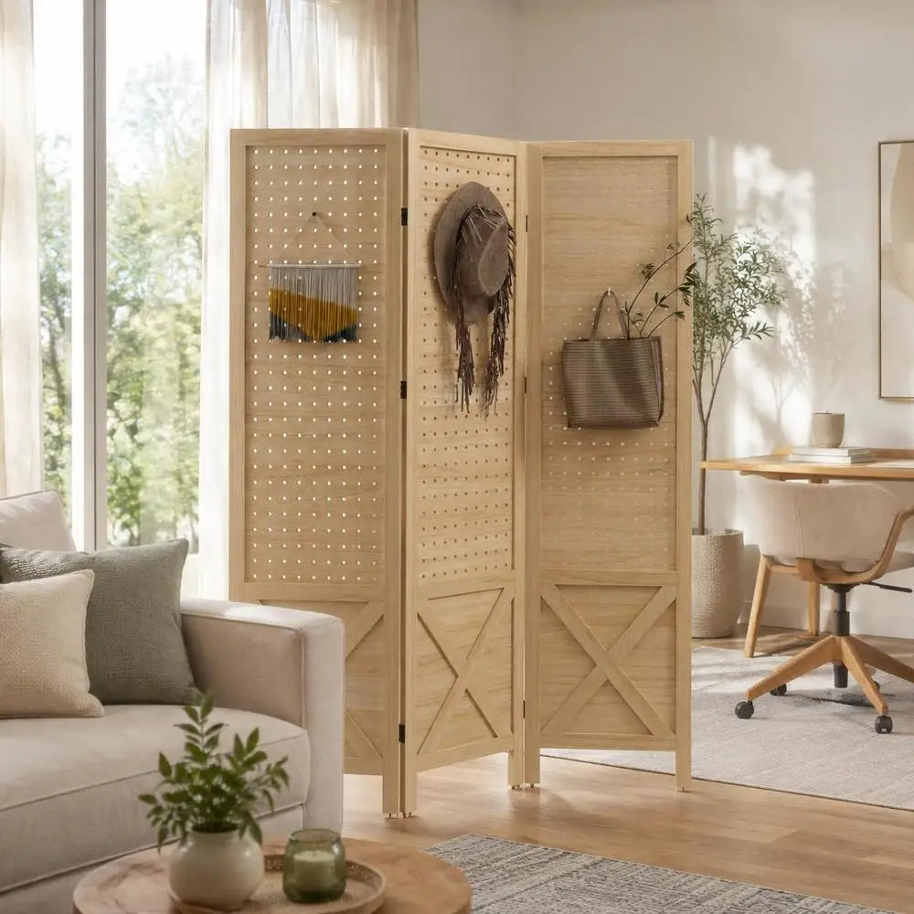 Paravent 3 Panneaux Perforés Bois Naturel 114 x 144,5 cm