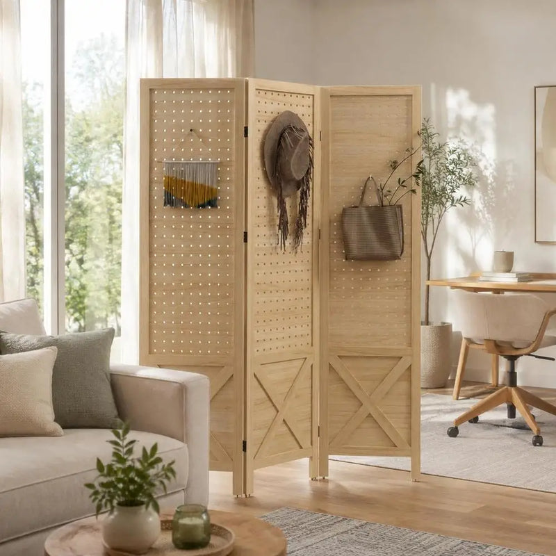 Paravent 3 Panneaux Perforés Bois Naturel 114 x 144,5 cm