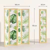 Paravent 4 Panneaux Imprimé Palmiers Tropicaux Cadre Bois de Pin 160 x 170 cm