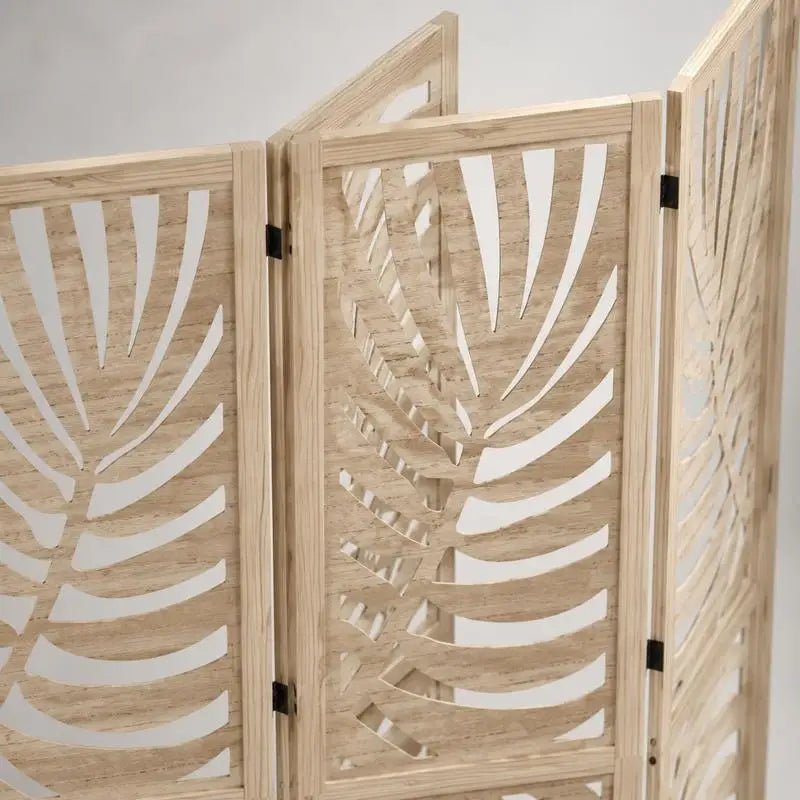 Paravent 4 Panneaux Ajouré Feuille de Palmier Bois Naturel 160 x 170 cm