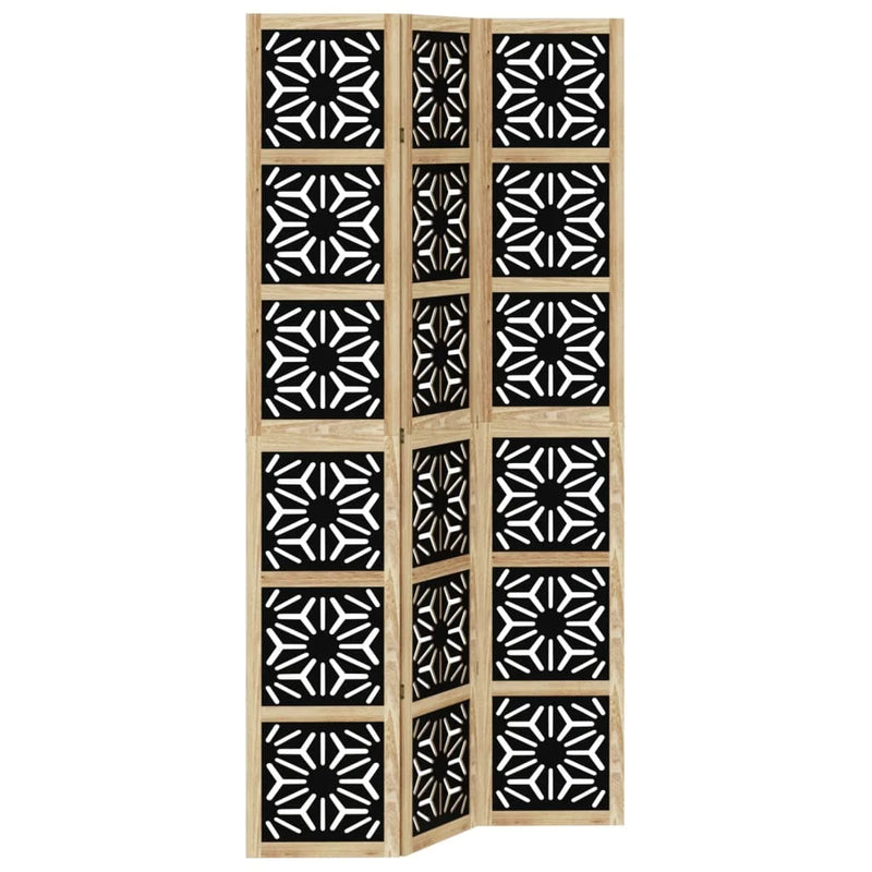 Paravent 3 panneaux ajouré motif géométrique paulownia naturel et noir, pour séparer une pièce
