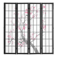 Paravent Japonais 4 Panneaux Fleurs de Cerisier Bois Noir 162 x 170 cm
