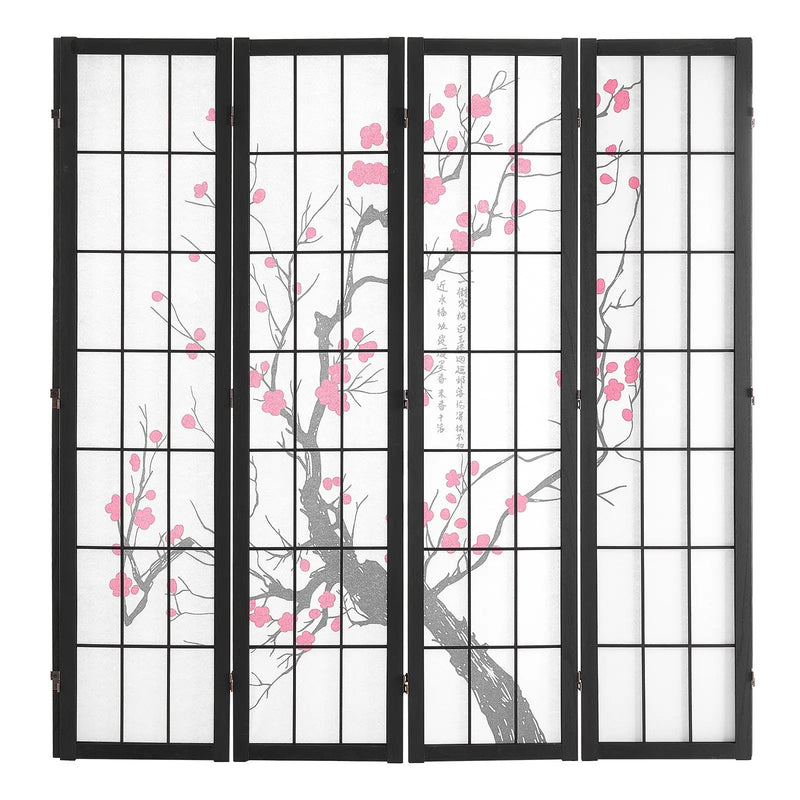 Paravent Japonais 4 Panneaux Fleurs de Cerisier Bois Noir 162 x 170 cm