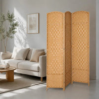 Paravent 3 Panneaux Tressé Cadre Bois de Pin Marron Clair 135 x 180 cm