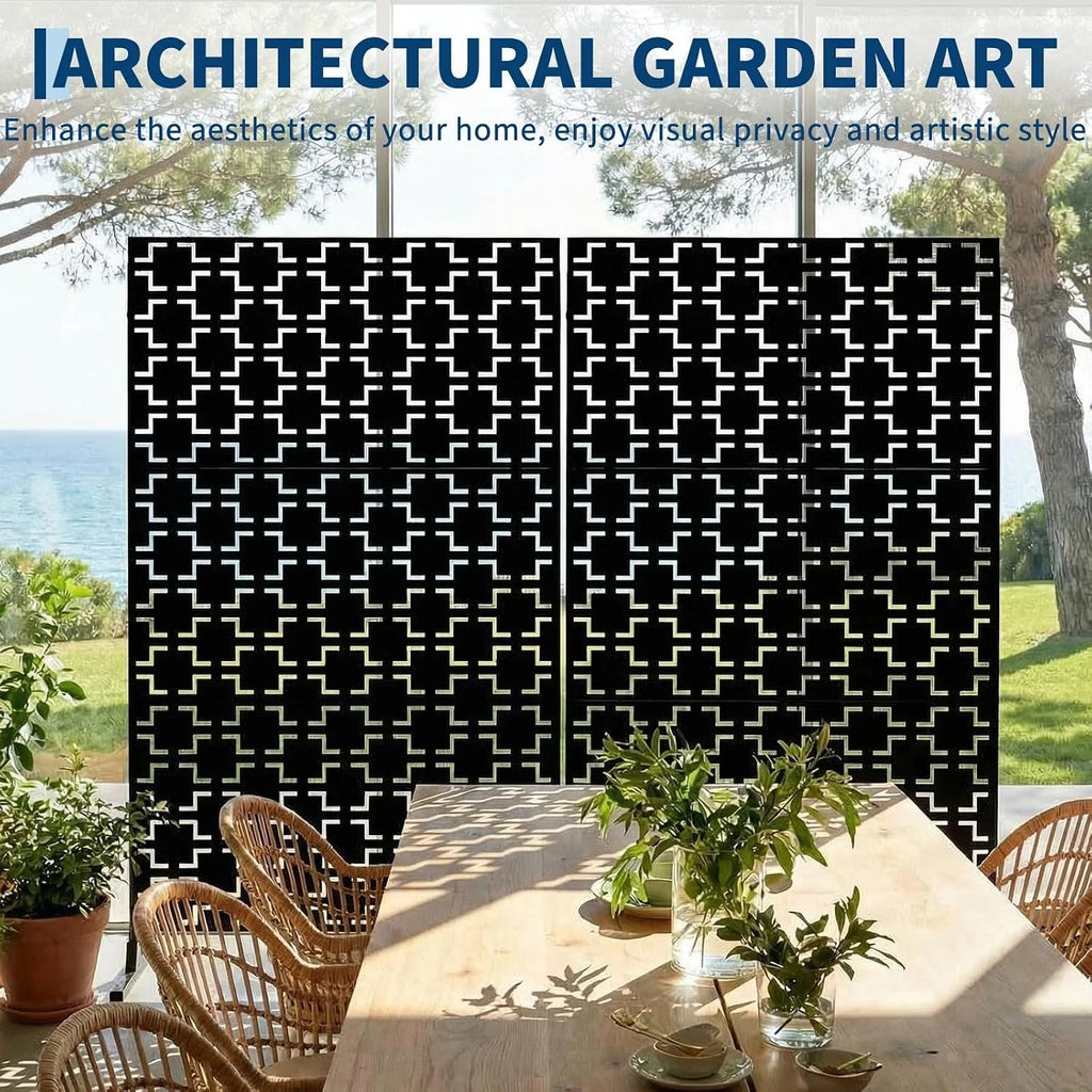 Paravent Extérieur Métal Noir Motif Géométrique Autoportant 122 x 198 cm