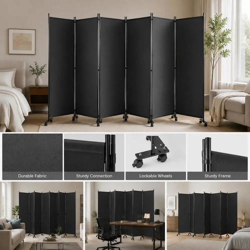 Paravent 6 Panneaux sur Roulettes Tissu Anthracite 335 x 173 cm