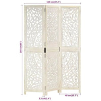 Paravent 3 Panneaux Bois de Manguier Sculpté Blanc 120 x 165 cm
