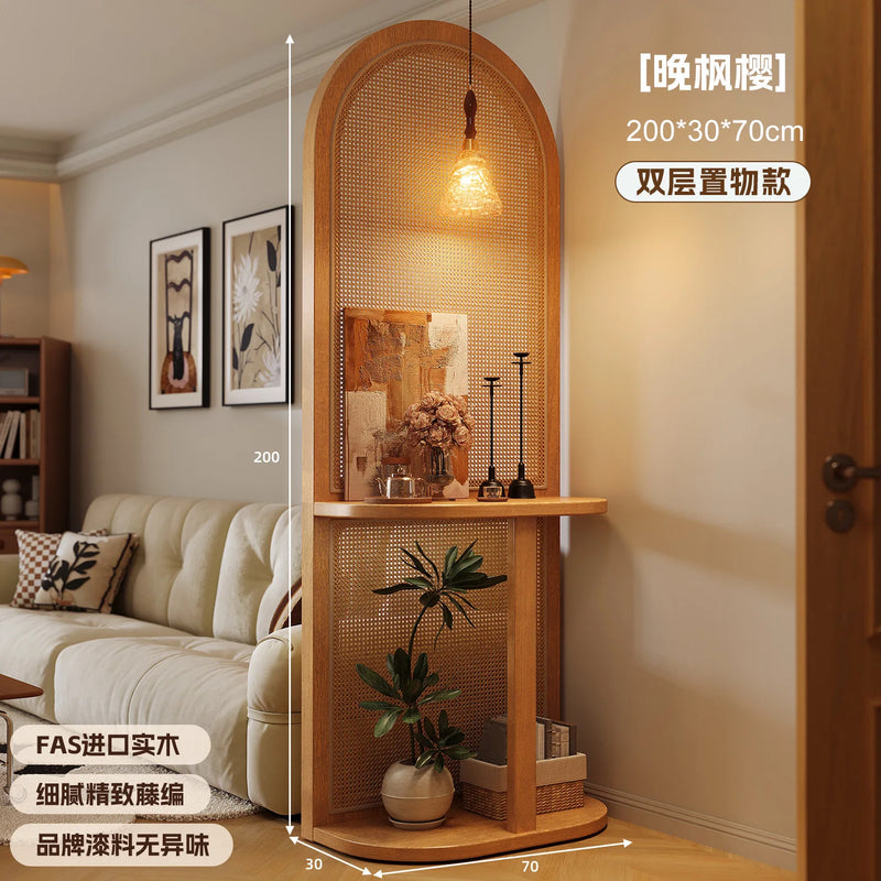Séparateur de pièce arche rotin bois avec étagère, érable sakura, 2 niveaux, 200 cm