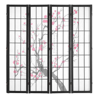 Paravent Japonais 4 Panneaux Fleurs de Cerisier Bois Noir 162 x 170 cm