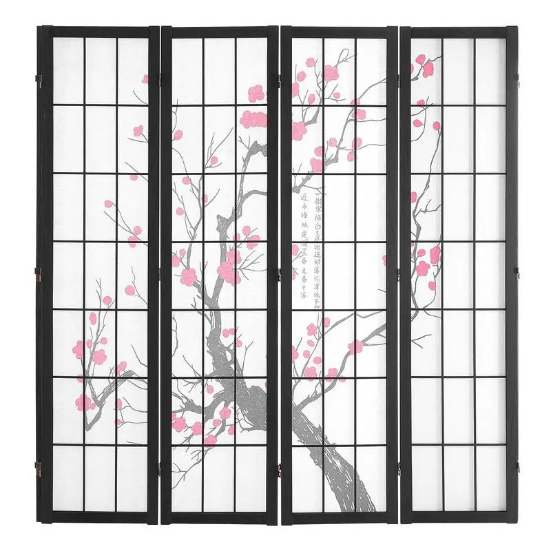 Paravent Japonais 4 Panneaux Fleurs de Cerisier Bois Noir 162 x 170 cm