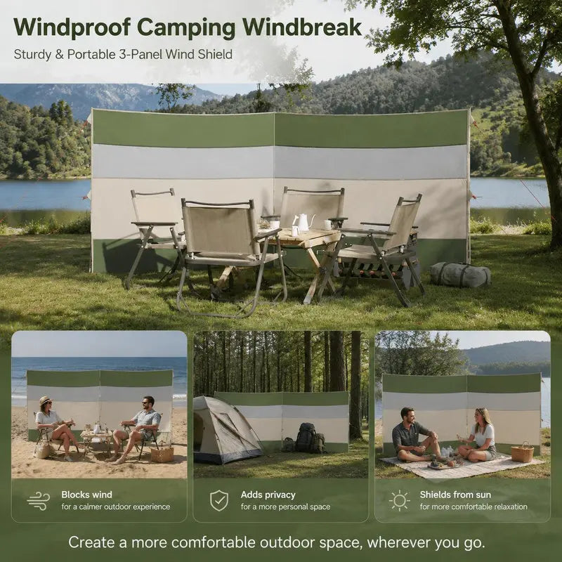 Paravent de camping polyester vert et crème, pour se protéger du vent