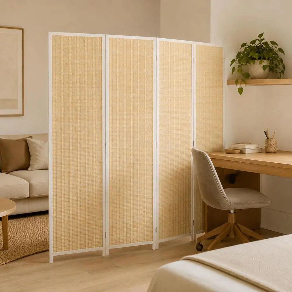 Paravent 4 Panneaux Bambou Fibres de Papier Cadre Blanc Naturel 180 x 180 cm