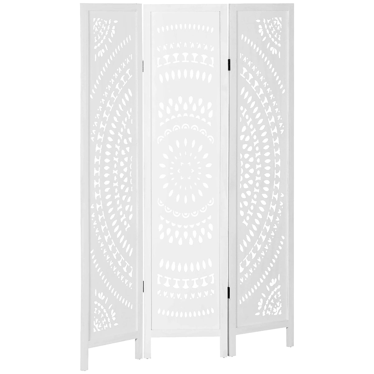 Paravent 3 Panneaux Bois Ajouré Rosace Blanc 120 x 170 cm