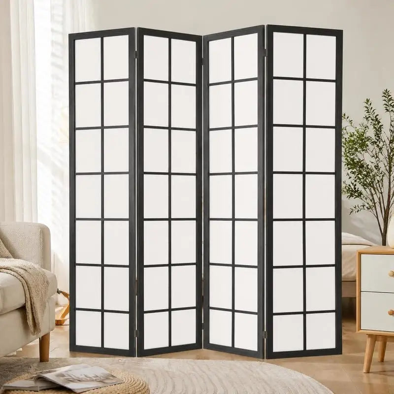 Paravent Japonais 4 Panneaux Quadrillé Pin Noir 160 x 170 cm
