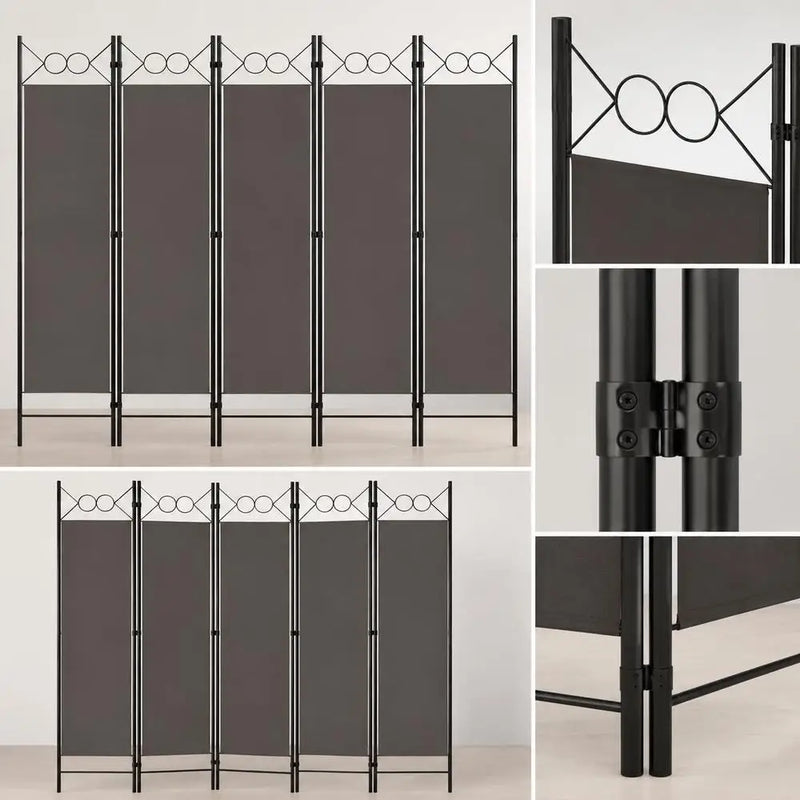 Paravent 6 panneaux tissu anthracite cadre métal, dimensions 240 x 180 cm