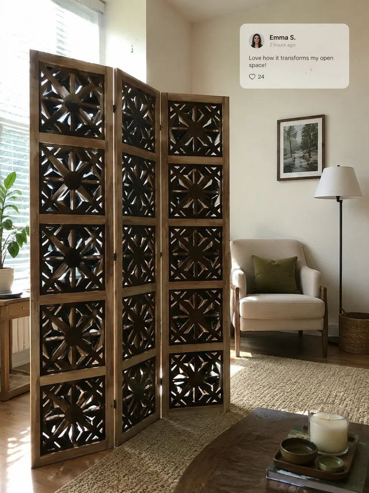 Paravent 3 panneaux ajouré motif géométrique paulownia naturel et noir, pour une entrée