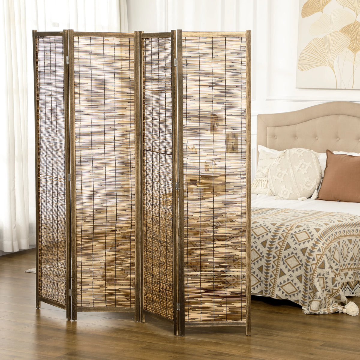 Paravent 4 Panneaux Paulownia et Roseau Naturel 160 x 170 cm