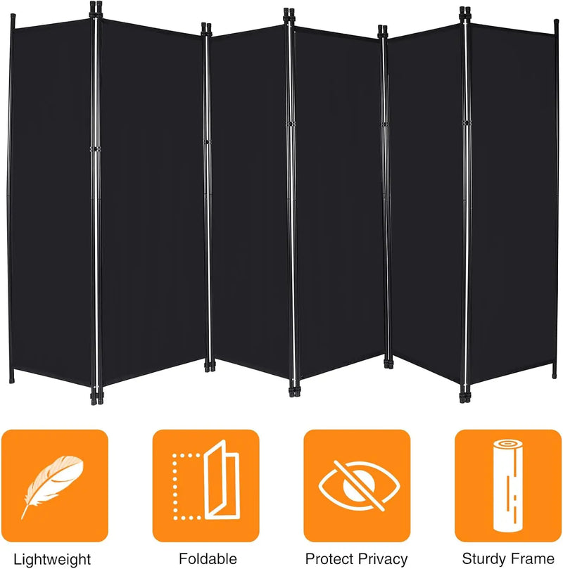Paravent 6 Panneaux Tissu Noir Occultant 307 x 173 cm