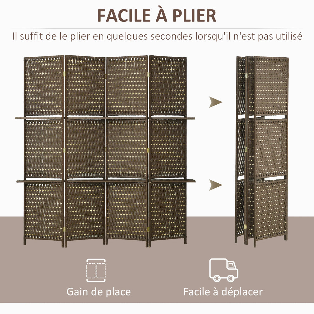 Paravent 4 Panneaux avec Étagères Fibres de Papier Marron 181 x 180 cm