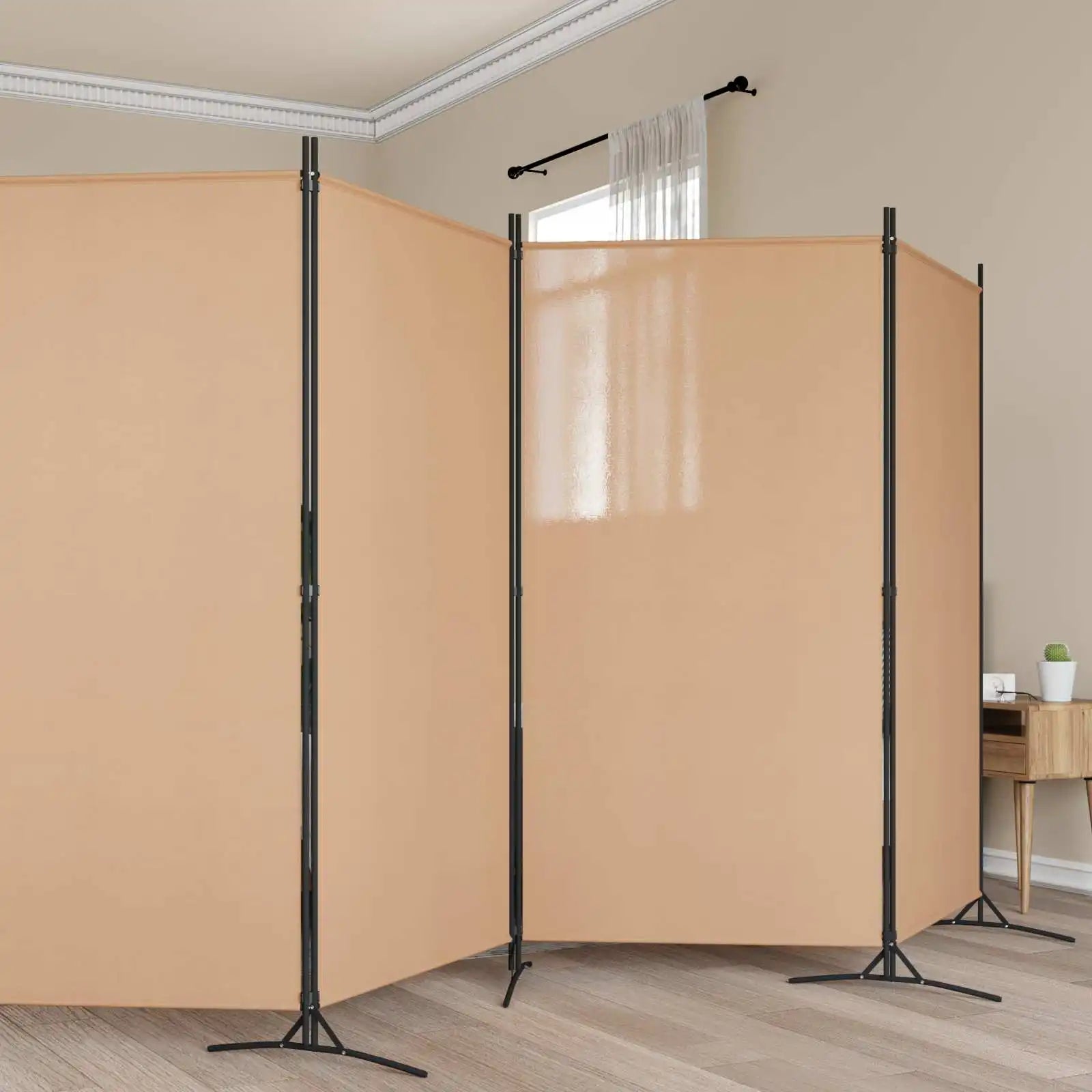 Paravent 6 panneaux tissu beige cadre métal