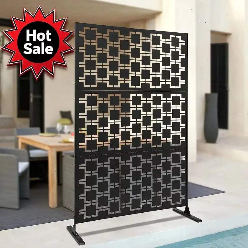 Paravent Extérieur Métal Noir Motif Carrés Imbriqués Autoportant 120 x 190 cm