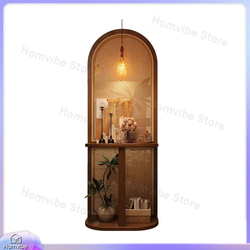 Séparateur de pièce arche rotin bois avec étagère, pour une entrée