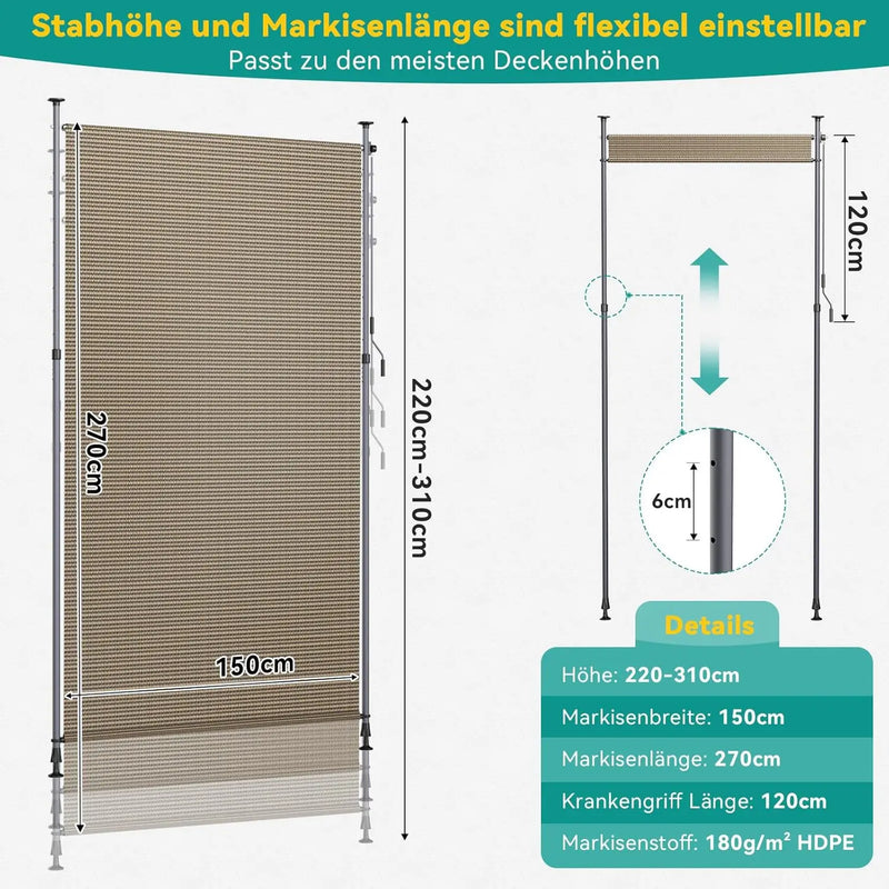 Paravent Rétractable Vertical HDPE Sans Perçage Gris ou Café 120 à 200 cm