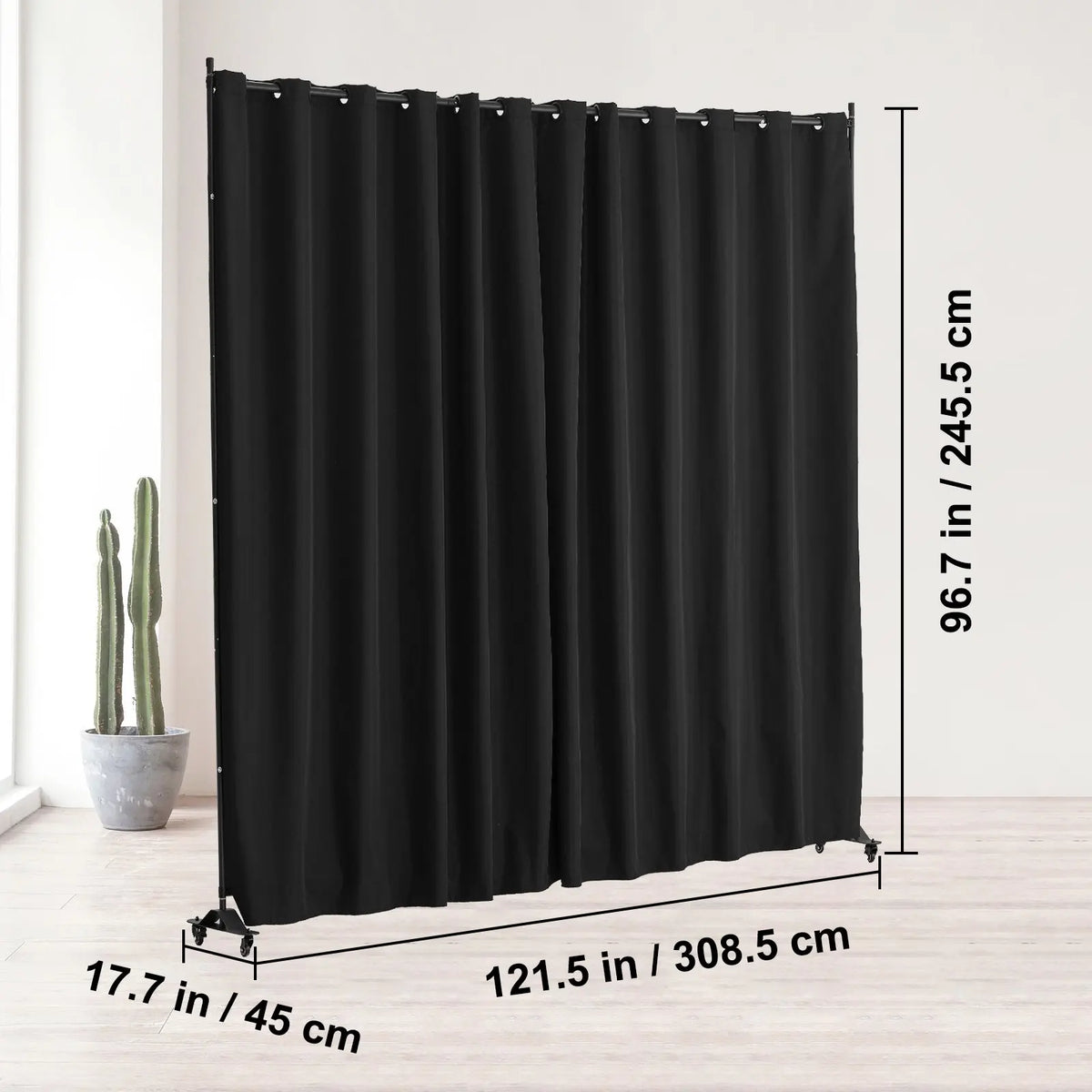 Paravent Mobile sur Roulettes Tissu Noir Occultant 308 x 245 cm