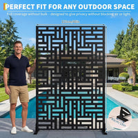 Paravent extérieur acier noir motif rectangles entrelacés autoportant, pour décorer un extérieur