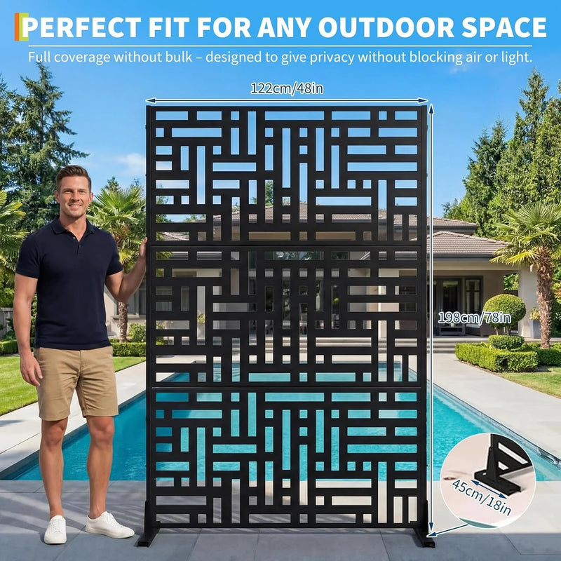 Paravent extérieur acier noir motif rectangles entrelacés autoportant, pour décorer un extérieur