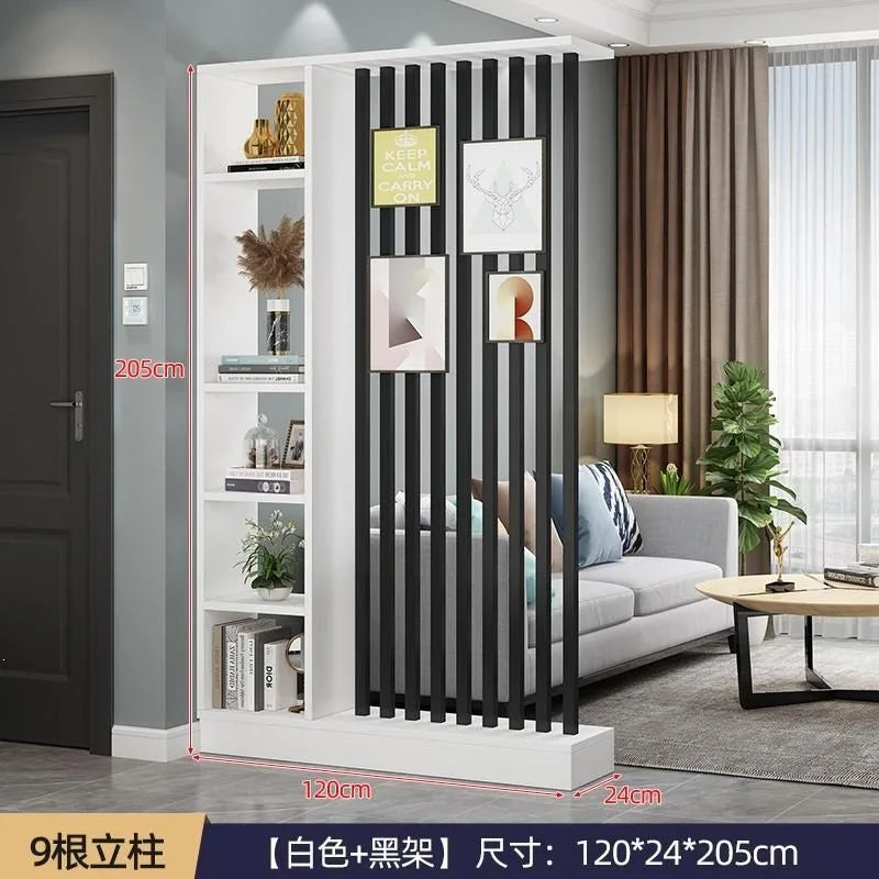 Étagère séparatrice de pièce à lames verticales blanc noir gris, dimensions structure blanche, 9 lames noires, largeur 120 cm