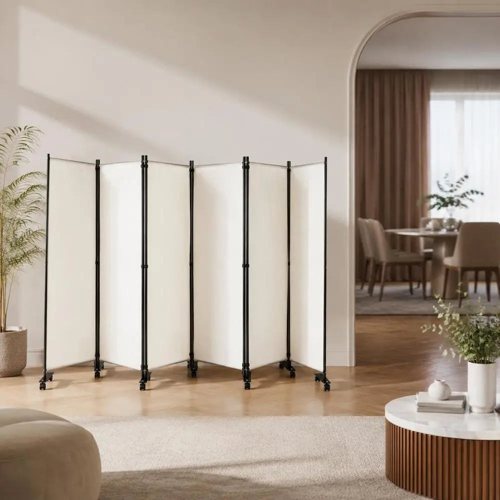 Paravent 6 Panneaux sur Roulettes Tissu Beige 335 x 173 cm
