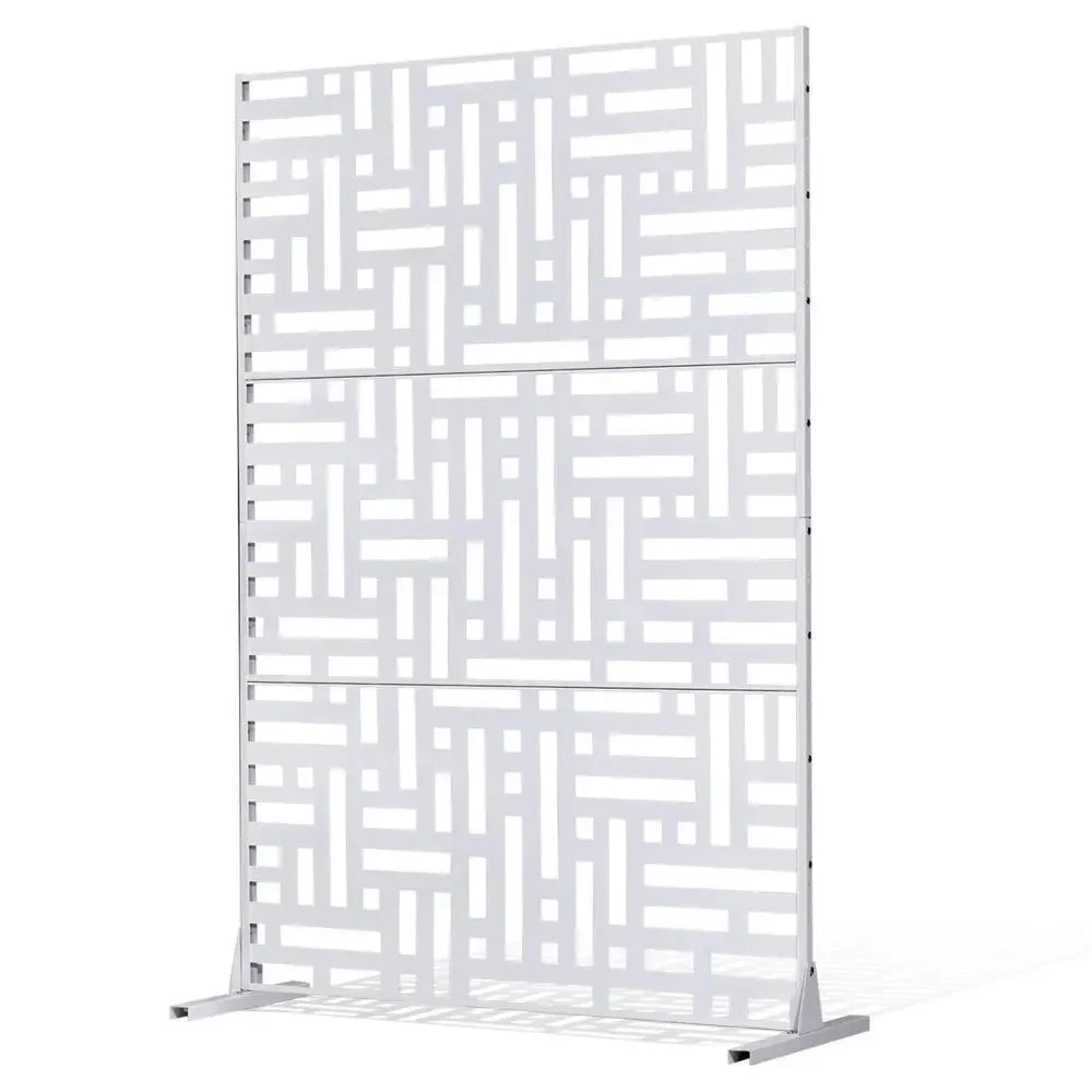 Paravent Extérieur Métal Blanc Motif Géométrique Autoportant 120 x 193 cm