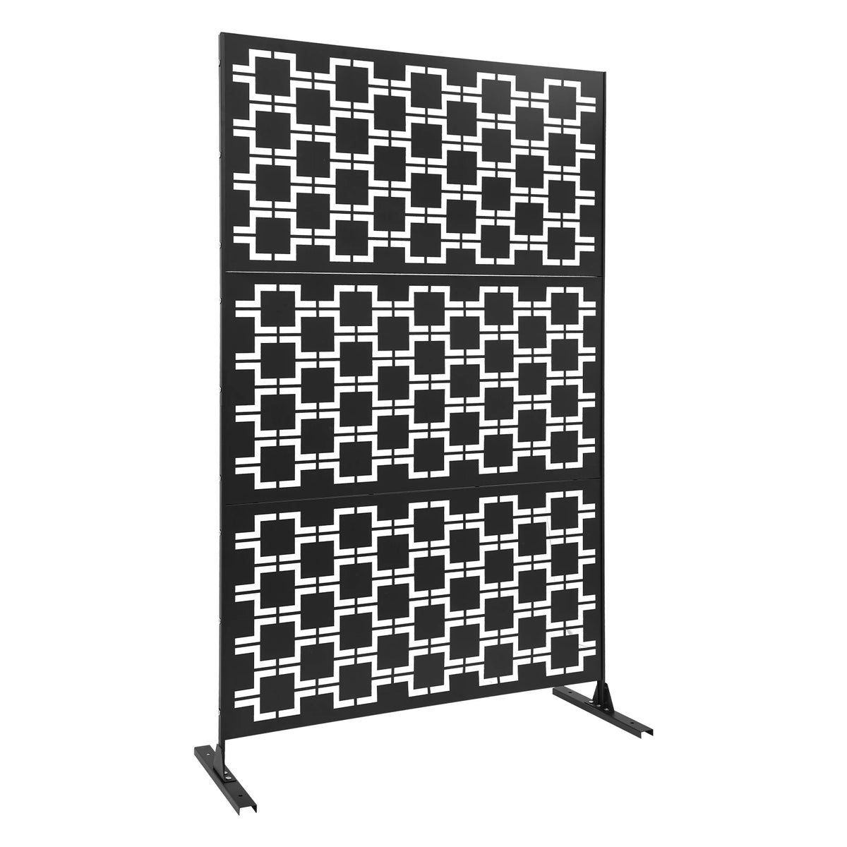 Paravent Extérieur Métal Noir Motif Carrés Imbriqués Autoportant 120 x 190 cm
