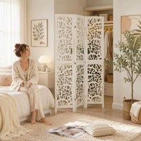 Paravent 3 Panneaux Bois Ajouré Arabesques Blanc
