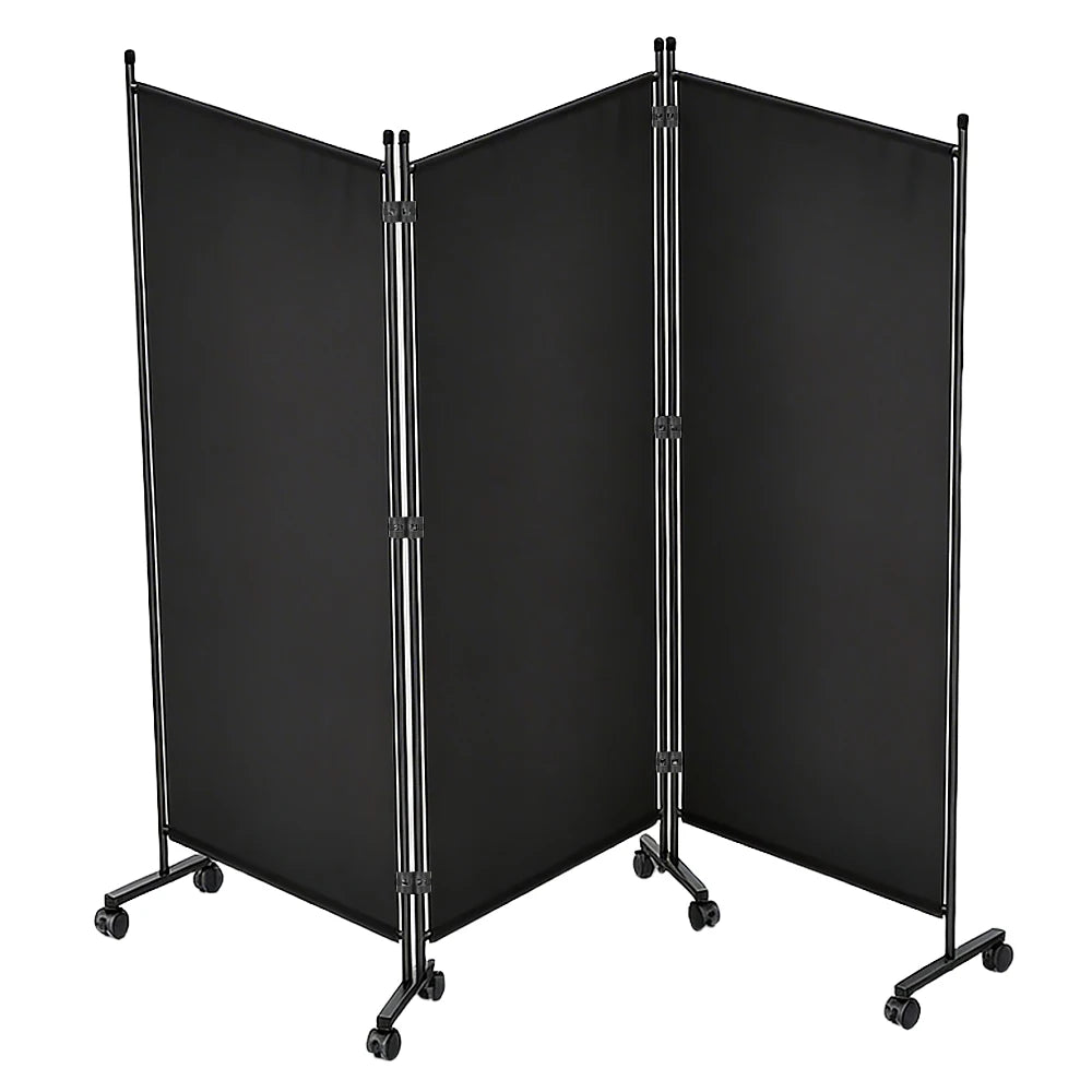 Paravent 3 Panneaux sur Roulettes Tissu Noir Intérieur Extérieur 259 x 183 cm
